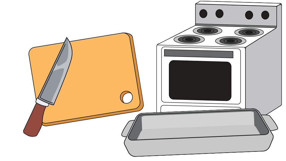 knife, stove and cutting board
